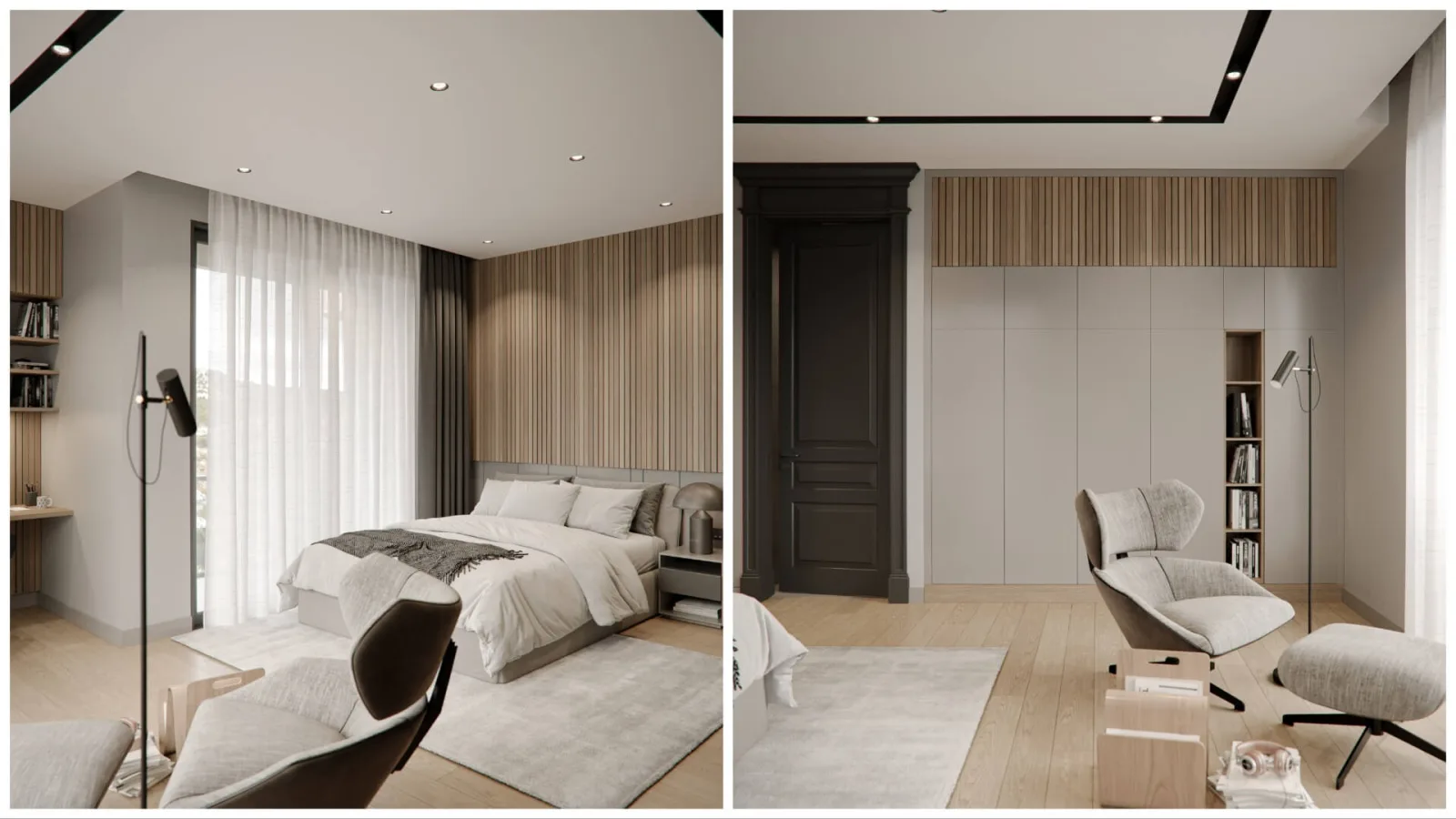 In this bedroom project, we transformed simplicity into a warm and natural experience through the wooden wall paneling…