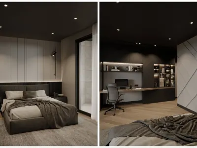 We designed this bedroom, which we handled within the scope of comprehensive home decoration, in a way that highlights the mysterious and sophisticated charm of dark tones. While utilizing dark colors as a qualified backdrop to accentuate the sculptural elements at the focal point of the space, we created striking contrasts through strategically positioned concealed light bands and pendant lighting. Thanks to the high-quality wood parquet application we preferred for the flooring, we balanced the assertive stance of the palette and brought a warm touch to the space. We added dynamism to the architectural flow of the room with niche details that blend clean lines and bold geometric forms on the wall surfaces.