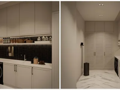 In our laundry room layout, we seamlessly blended functional efficiency with aesthetic design. Approaching the space with a strategic perspective, we custom-designed the appliances and built-in storage units to ensure an uninterrupted workflow. Visually, we adopted a minimalist style by prioritizing lightweight, highly durable, and premium materials. We created a striking contrast and a dynamic focal point between the black tile wall ceramics and the countertop, thereby reflecting the comprehensive home decoration approach we frequently prefer in our projects into this functional area as well.