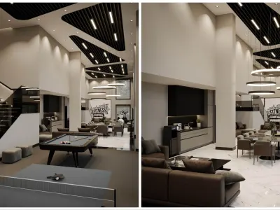 In this expansive event space we designed, we blended aesthetics and functionality with a flawless balance, creating a visually striking and versatile atmosphere meant to enjoy pleasant moments and strengthen social bonds. In line with our functional layout, we optimized the venue into comfortable seating groups that encourage interaction, spacious play areas for dynamic activities, and dedicated sections equipped with wall-to-wall mirrors for workouts. We reinforced this architectural approach by bringing together contrasting textures in the flooring materials, incorporating acoustic-friendly carpeting in one part of the space and high-grade ceramic flooring in the other. Within this unique project, we also integrated innovative approaches inspired by modern office designs into the dynamics of the social area to elevate the overall ambiance of the interior.