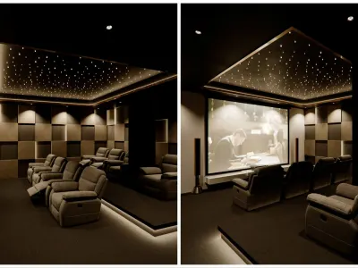 In the home cinema room, which we handled within the scope of our complete home decoration projects, we configured comfort, technology, and aesthetics in a flawless balance to offer viewers a truly immersive experience. Thanks to the sound-absorbing square acoustic panels we positioned on the wall surfaces, we achieved an extremely controlled and high-quality acoustic environment within the space. With the fiber LED lighting application we preferred on the ceiling, we designed a captivating visual feast that makes users feel as if they are watching a movie outdoors under the stars in the night sky.