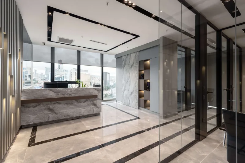 We designed the reception desk, where we welcome our guests in the entrance area, with sophisticated porcelain ceramic…