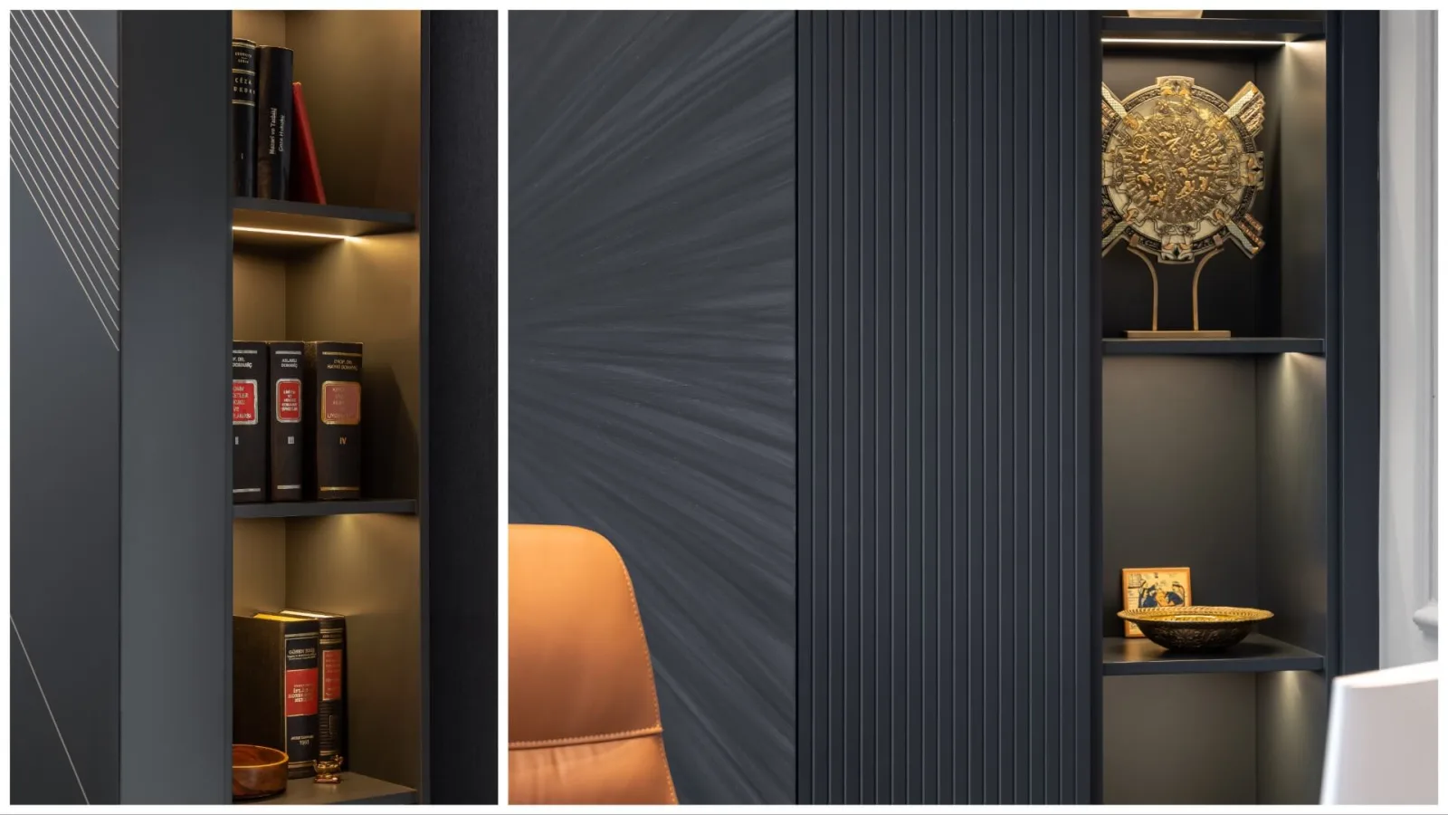 In this executive suite, we curated the custom-designed sun-motifed wooden panel positioned right behind the executive desk…