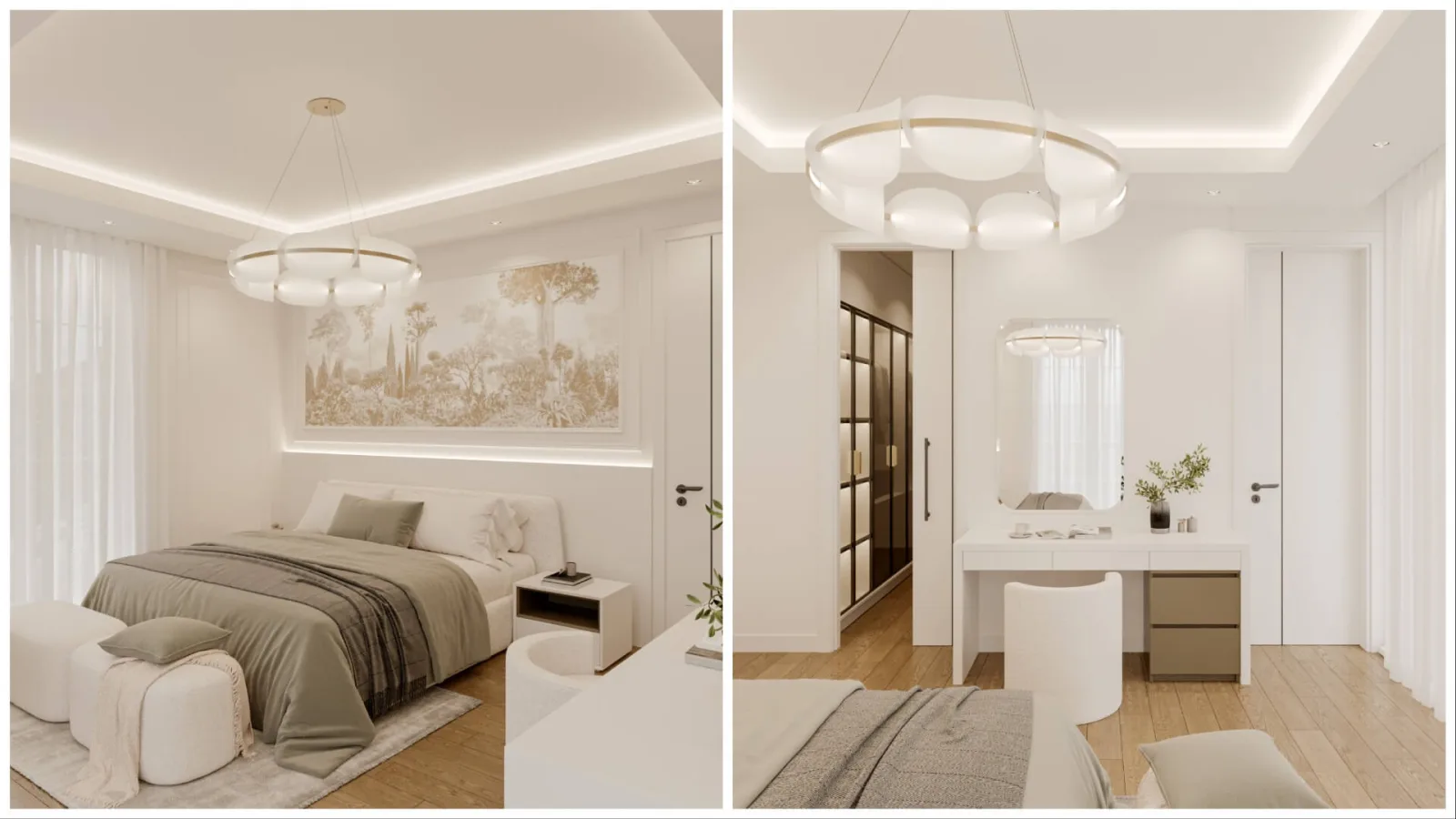 Pürüzsüz beyaz tonlarının hakim olduğu bu modern yatak odası projesinde, dingin ve huzur dolu bir atmosfer kurguladık.…