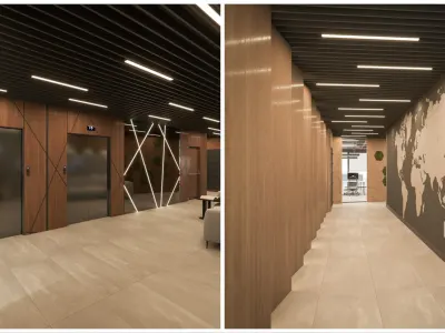 We integrated sound-absorbing baffle ceiling applications to enhance acoustic comfort, extending the contemporary and functional aesthetic we embrace in our office interior design projects throughout all circulation areas. Along the corridor axis, we curated an impressive and seamless pathway leading users to the meeting room, enriched with angled wood veneers and integrated concealed LED light strips. By combining natural wood textures—which introduce a warm and inviting atmosphere to the space—with the rhythmic arrangement of the panels, we strengthened the visual perception and turned it into an effective directional element.