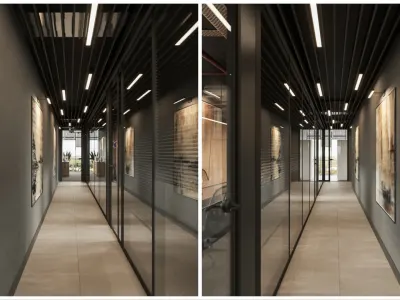 We designed dark and light color palettes with flawless optimization in narrow and long circulation areas; thus, giving the spaces a noble stance and transforming them into elegant passages harboring a sense of depth. We created a strong atmosphere by supporting the rich color tones we preferred on vertical surfaces with concealed light bands positioned on the ceiling and walls. While highlighting the fluidity of the corridor with this architectural arrangement, we aimed for users to experience luxury and grandeur in line with premium office designs at every step they take.