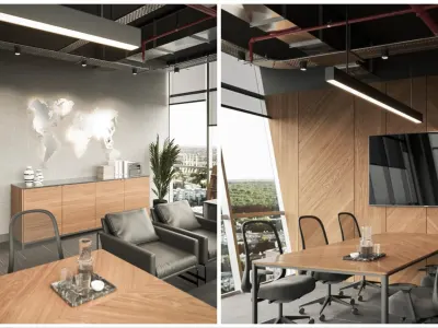 We designed the compact discussion and meeting zone, integrated within our executive office layout, in an extremely comfortable and intimate atmosphere that encourages spontaneous brainstorming and synergistic teamwork. We transformed this functional space into an impeccable experience meeting the standards of prestigious office designs by enriching it with custom acoustic panels, elegant pendant lighting, and ergonomic seating groups.