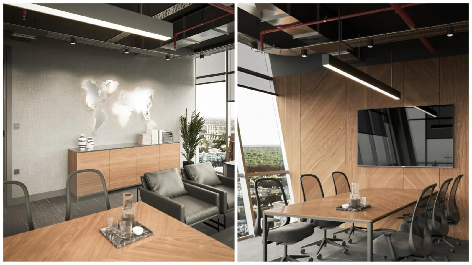 We designed the compact discussion and meeting zone, integrated within our executive office layout, in an extremely…