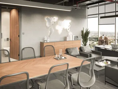 To create a decorative focal point symbolizing our global vision and culture of international collaboration within our workspaces, we curated an impressive world map that reflects the very soul of the interior. We complemented this artistic approach with concealed lighting bands and elegant pendant lighting elements that enrich the overall atmosphere, successfully achieving a flawless ambiance in line with prestigious office designs standards.