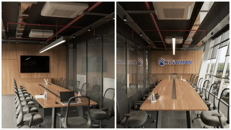 As the Umut Gürler Interior Architecture team, while designing the expansive boardroom, we incorporated exposed ceiling…