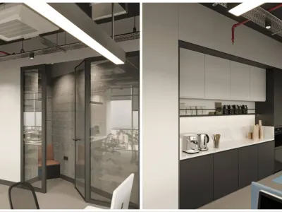 In our interior office design projects, we integrate sound-insulated phone booths offering acoustic performance within the open-plan layout, creating private zones where employees can communicate comfortably without privacy concerns; this game-changing approach directly elevates operational efficiency and comfort. Similarly, thanks to the compact coffee stations and kitchenette modules we positioned within the open workspace, we architecturally promote a seamless and fluid work circulation by minimizing the time losses experienced by team members while accessing essential needs such as tea, coffee, and water.