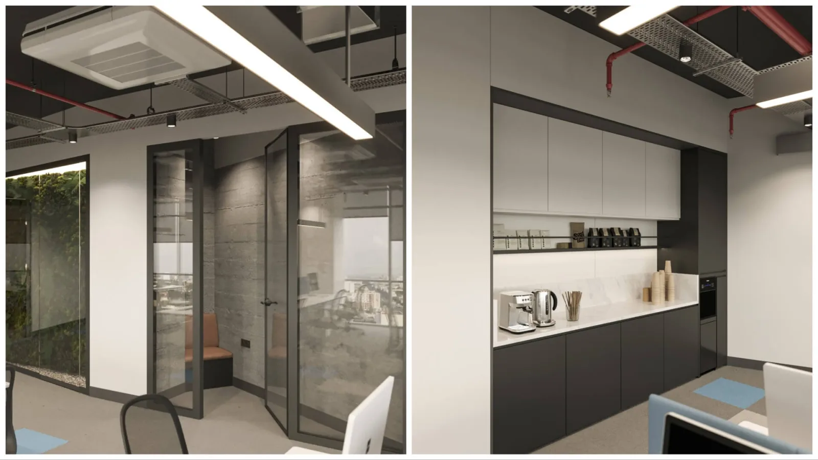 In our interior office design projects, we integrate sound-insulated phone booths offering acoustic performance within the…