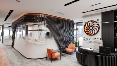 Kavisli siyah ahşap lamel bölme duvarlı ofis girişi, turuncu koltuklar ve cam bölmeli toplantı odası