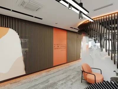 During the interior design process of our office, we aimed to create a contemporary and sophisticated atmosphere. In this direction, we designed custom parametric wall coverings to strengthen the architectural identity of the space. While forming our color palette, we utilized the dynamic harmony of white, black, and orange tones. This color combination emphasizes our business partner's corporate identity while offering an aesthetic that befits clean, spacious, and modern office designs throughout the space.
