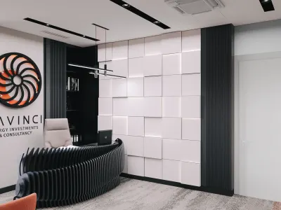 In our reception area, we preferred a black reception desk paired with white waiting armchairs creating a sharp contrast. The modern graphic patterns we applied on the wall surfaces bring a dynamic rhythm to the space while establishing a focal point. By blending functionality and aesthetics in a delicate balance within our design philosophy, we transformed our office into a comfortable and productive living space for both our team and our guests. We aimed for this welcoming zone, one of the most critical touchpoints of our corporate identity, to project a professional and innovative image to our visitors upon their first contact; our reception desk featuring a parametric form, which we curated in line with this vision, flawlessly brings this concept to life. This custom-designed counter, which seamlessly integrates with our office decor concept, complements the dominant palette of white and gray tones. The fluid parametric surfaces add both a sculptural aesthetic and ergonomic solutions to the space. This aforementioned counter not only provides sufficient volumetric capacity for our guests to comfortably position themselves and wait, but it also serves as a functional advisory point where they can receive guidance regarding office operations.