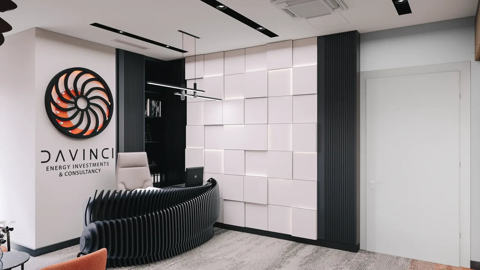 In our reception area, we preferred a black reception desk paired with white waiting armchairs creating a sharp contrast.…