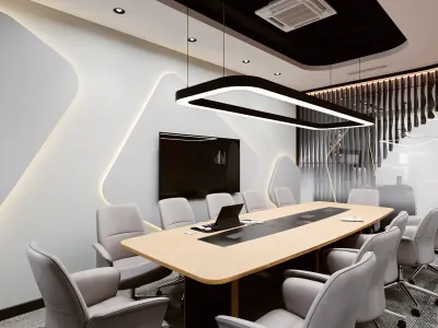We have positioned our meeting room in close proximity to the reception and entrance area. By incorporating ergonomic seating groups and comfortable chairs, we designed a seamless flow where participants can experience the highest level of comfort. While fully integrating the technical infrastructure within the space, we brought a dynamic atmosphere to the interior through concealed lighting coves and modern pendant lighting elements. We always prioritize functionality and aesthetics in our office interior design processes.