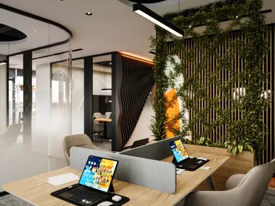 Thanks to the transparent glass facades positioned across a significant portion of our workspace, our interior receives the maximum level of natural daylight throughout the day. This rich daylight input directly supports the motivation and mental vitality of our team members. As Umut GÜRLER Interior Architecture, with our identity as an Ankara interior design office, we opted for modular glass partition systems in our space planning to avoid interrupting this natural illumination filtering through the facades and to preserve the depth of the interior.