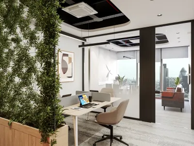 In order to maximize the communication and synergy among our employees across departments, we designed an open-plan office layout for the project. The monochrome color palette we preferred throughout the office carries traces of our modern office designs that stand out among Ankara interior design firms, while we supported the dominance of white and gray tones with sleek light bands positioned along the ceiling. Thanks to the special landscaping areas and decorative green niches that we integrated into different points of the space to enhance acoustic comfort and employee well-being, we have successfully created a natural atmosphere befitting the corporate identity.