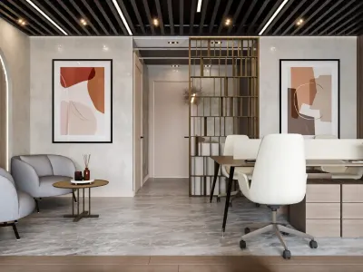 We upholstered the seating group in soft gray textured fabrics to preserve the serene and cohesive atmosphere of the space. On the walls of our living area, we incorporated abstract minimalist artworks dominated by beige, cream, white, and peach tones, thus adding elegant and sophisticated details to our interior architectural design concept.