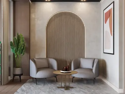 In a specific corner of the space, we designed a sophisticated lounge area consisting of two comfortable armchairs and a low coffee table, intended for welcoming our guests and enjoying short coffee breaks. This focal point, which we meticulously designed, creates a warm and inviting atmosphere that will make visitors' waiting periods much more enjoyable.