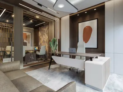 As a corporate interior architecture office, in the spaces we designed, we integrated the large executive desk with the wall cladding behind it in perfect harmony to create robust storage areas. In this distinguished space dominated by walnut and cream tones, we incorporated essential complementary elements through precise professional choices. The comfortable seating group in a slightly darker beige tone, positioned opposite the desk, offers an atmosphere to welcome our guests while reflecting our luxury office interior designer vision at the highest level throughout the project.
