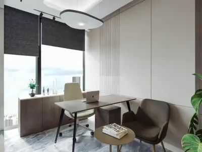 We designed the second closed room of our workspace, which we separated from the executive room via transparent glass partition walls, in accordance with the general concept of the space by utilizing the flawless harmony of cream, walnut, and beige tones. Thanks to this sophisticated color palette we have determined, we have reinforced the fluidity and holistic sense of belonging in the office interior design scheme, thereby creating an exclusive atmosphere that facilitates focus.