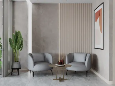 In one corner of the space, we curated an intimate lounge area consisting of two comfortable armchairs and a low coffee table, ideal for welcoming our guests or enjoying short coffee breaks. By utilizing a floor-to-ceiling decorative slatted panel and a unique abstract painting, we aimed to elevate the aesthetic appeal without creating any visual clutter. With the oversized indoor plant in a sculptural form positioned at the corner, we established a strong focal point without compromising the simplicity of our overall design language. In this project, we meticulously blended all the functional and aesthetic details brought by the office interior design discipline.