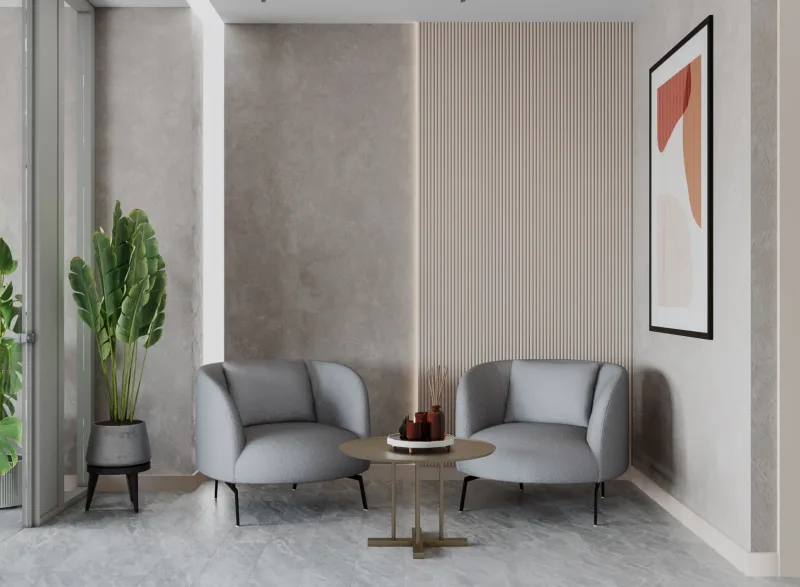 In one corner of the space, we curated an intimate lounge area consisting of two comfortable armchairs and a low coffee…