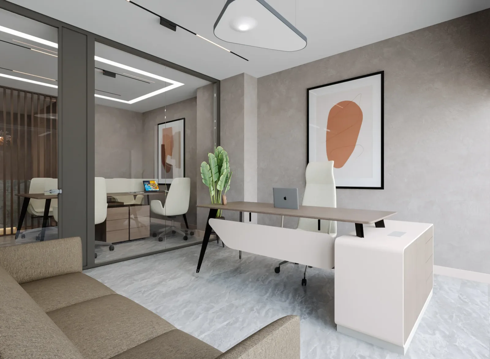 The modern seating group that we designed precisely opposite the executive desk creates a functional and sophisticated…