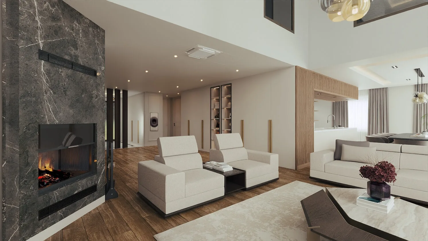 While the marble fireplace wall we positioned at the heart of the space brings a strong character to the design, our…