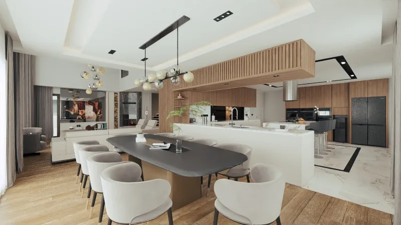 Throughout our design process, we skillfully integrated wooden elements, sophisticated cove lighting, and functional niches…