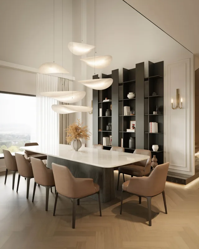We accentuated the volumetric spaciousness offered by the impressive double-height ceiling in the dining area through a…