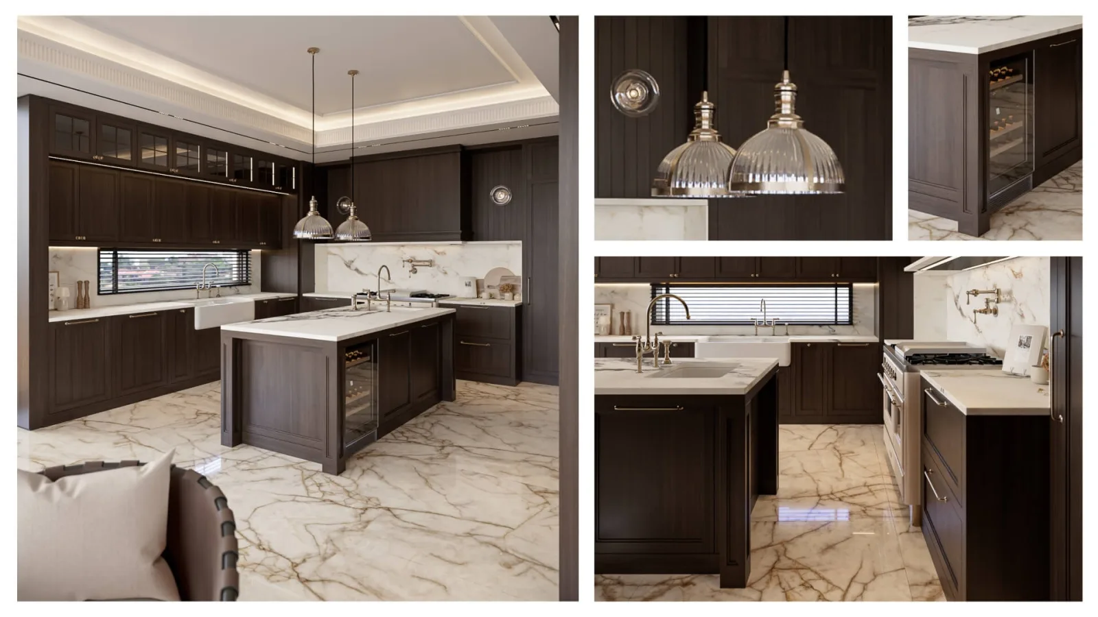 In our kitchen spaces, we balance the noble stance of dark lacquered cabinetry with the dramatic veined patterns of natural…
