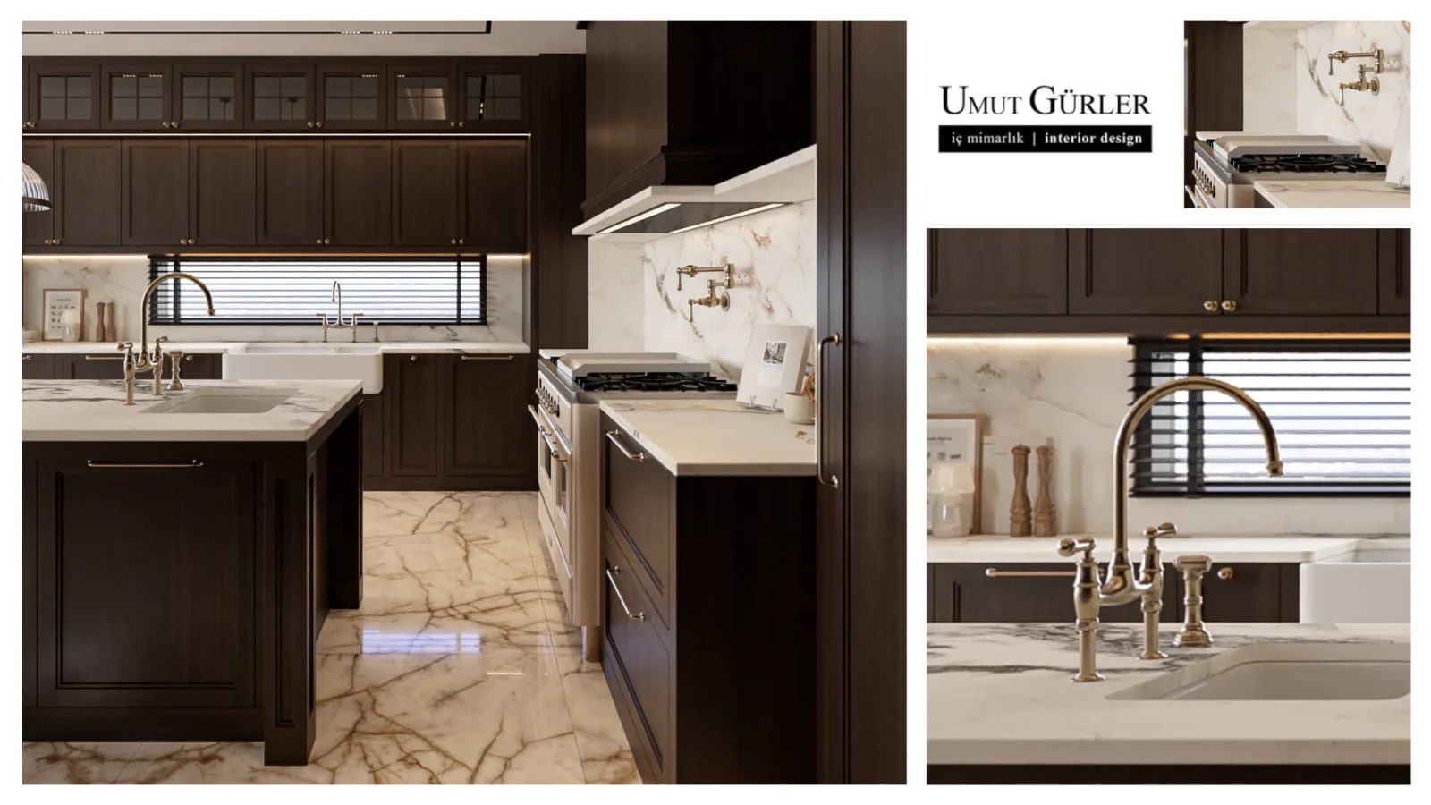 In our kitchen space, we curated a combination of dark wood veneers and marble surfaces to achieve an exceptionally refined…