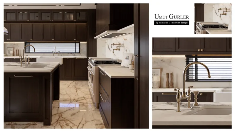 In our kitchen space, we curated a combination of dark wood veneers and marble surfaces to achieve an exceptionally refined…