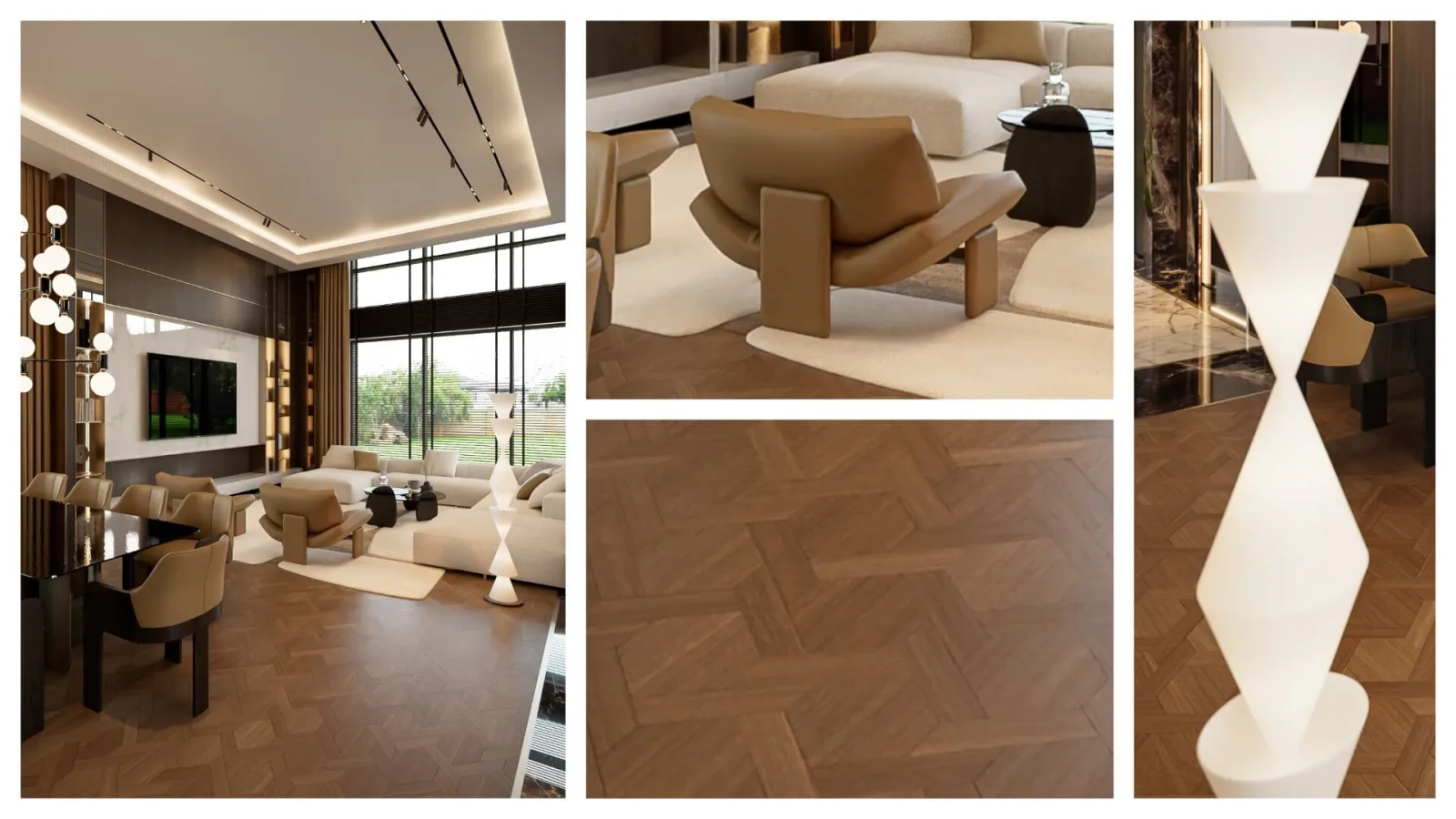 The custom-cut parquet flooring application we preferred on the ground brings a dynamic circulation to the space, while…
