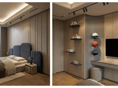 In every residential project we undertake within our corporate interior architecture office, we blend innovative forms with human-centric functionality to establish a unique sense of comfort and dynamism within spaces. Accordingly, adopting a luxury residential interior designer approach, we curated a sophisticated surface design on the master bedroom's headboard wall, featuring layered vertical wooden panels at varying elevations and fluid, curved contours. On the opposite side of the private suite, we integrated the television unit and transparent plexiglass shelving with perforated metal panels, applying a layered display concept that reflects the energy of athletic memorabilia. By bringing all these architectural details together with contemporary design languages, we brought our vision of creating a holistic, refined, and energetic atmosphere in living spaces to life.