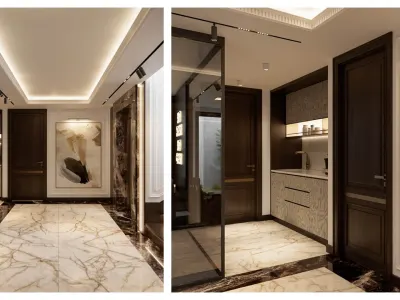 We enriched the lower floor circulation with a functional service niche and a workout zone separated by transparent dividers, creating a multi-functional social space. We emphasized the striking natural textures on the surfaces with linear LED cove lighting, bringing to life a spacious and prestigious sophisticated atmosphere that reflects modern office interior design standards at the basement level.