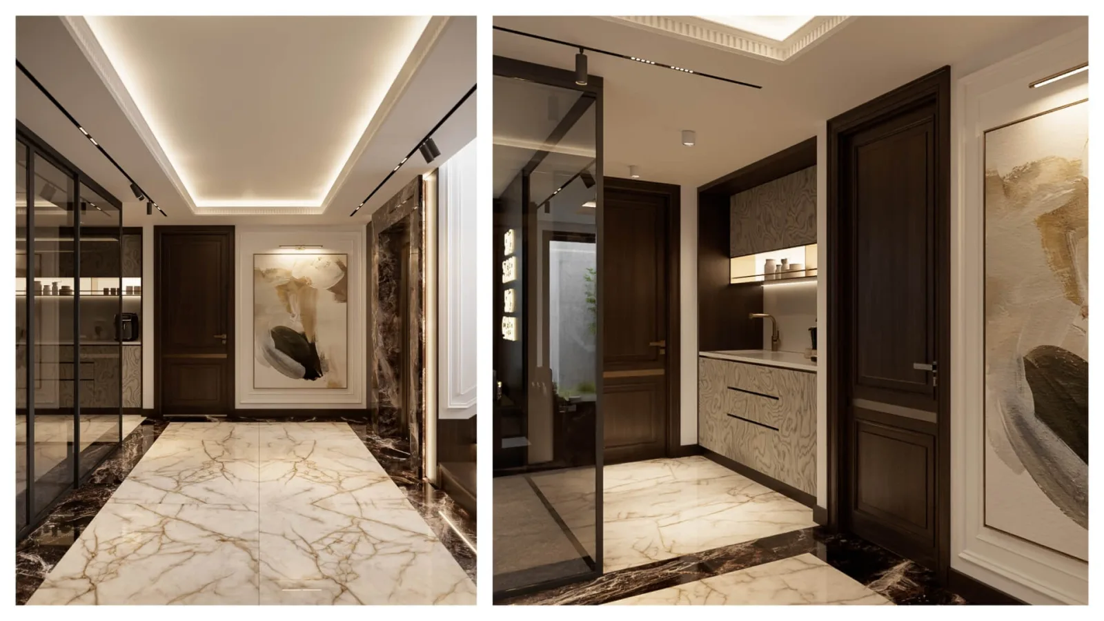 We enriched the lower floor circulation with a functional service niche and a workout zone separated by transparent…