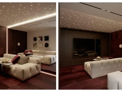 While creating a cinematic depth with the fiber optic starry sky lighting arrangement on the ceiling, we wrap the space with velvety surfaces. In this viewing area dominated by burgundy tones, we prefer large modular seating groups that maximize comfort, adding value to the space with luxury residential interior designer touches. By combining acoustic solutions with a dim and impressive lighting scenario, we build a hidden sanctuary that completely draws the user into the image.