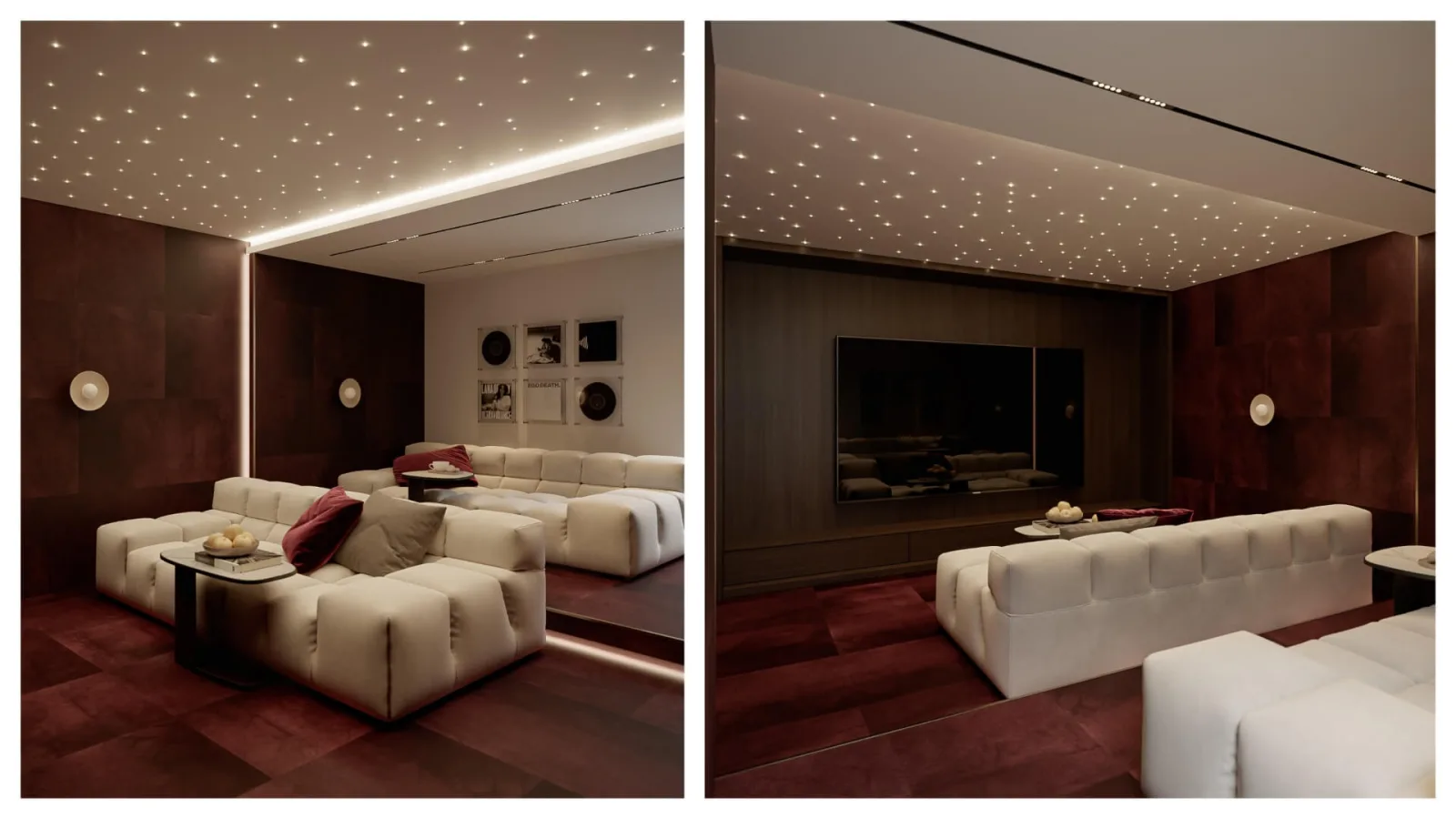 While creating a cinematic depth with the fiber optic starry sky lighting arrangement on the ceiling, we wrap the space…